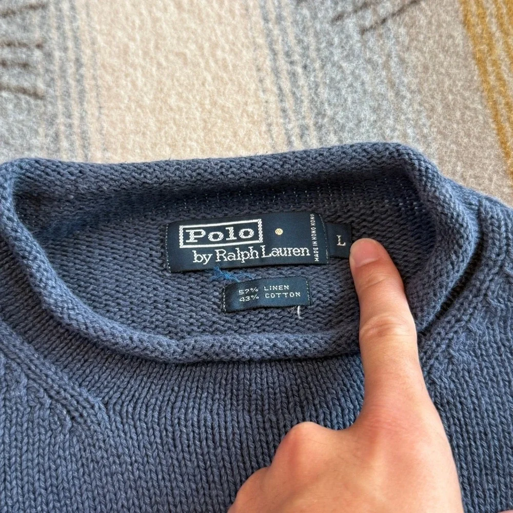 Polo Ralph Lauren Mens Linen Cotton Knit Sweater Blue Rolled Mock Neck Large